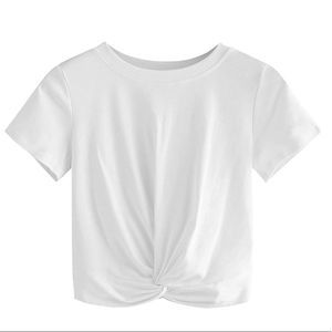 White Crop Top Short Sleeve Twist Front Tee T-Shirt